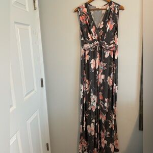 Sleeveless Floral Maternity Maxi Dress in Charcoal and Pink